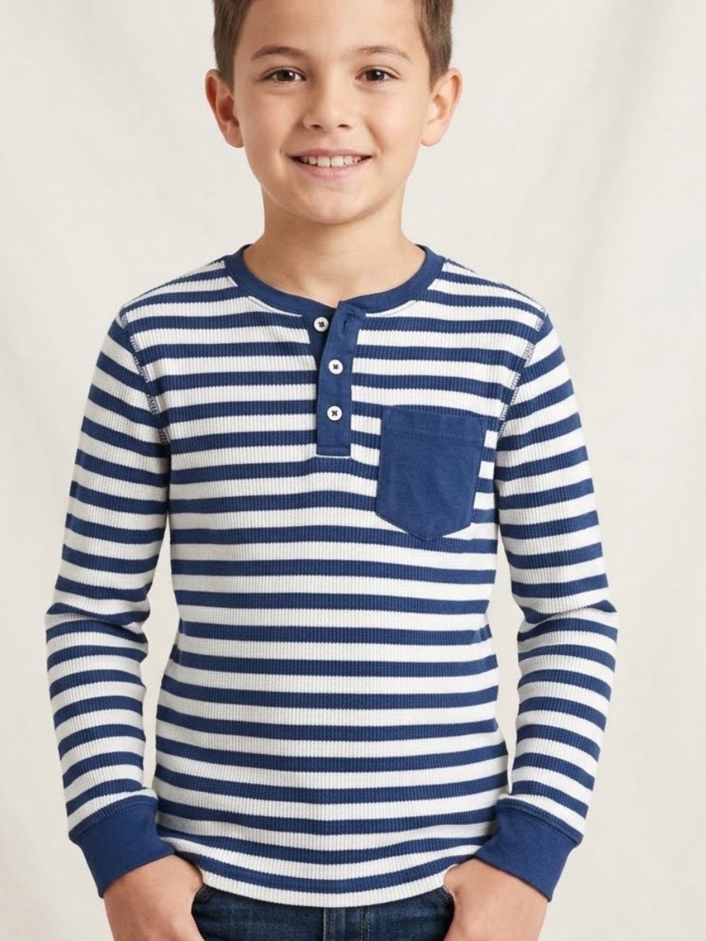 Mini Boden Boys Navy and White Striped Henley Long-Sleeve Top - 100% Cotton